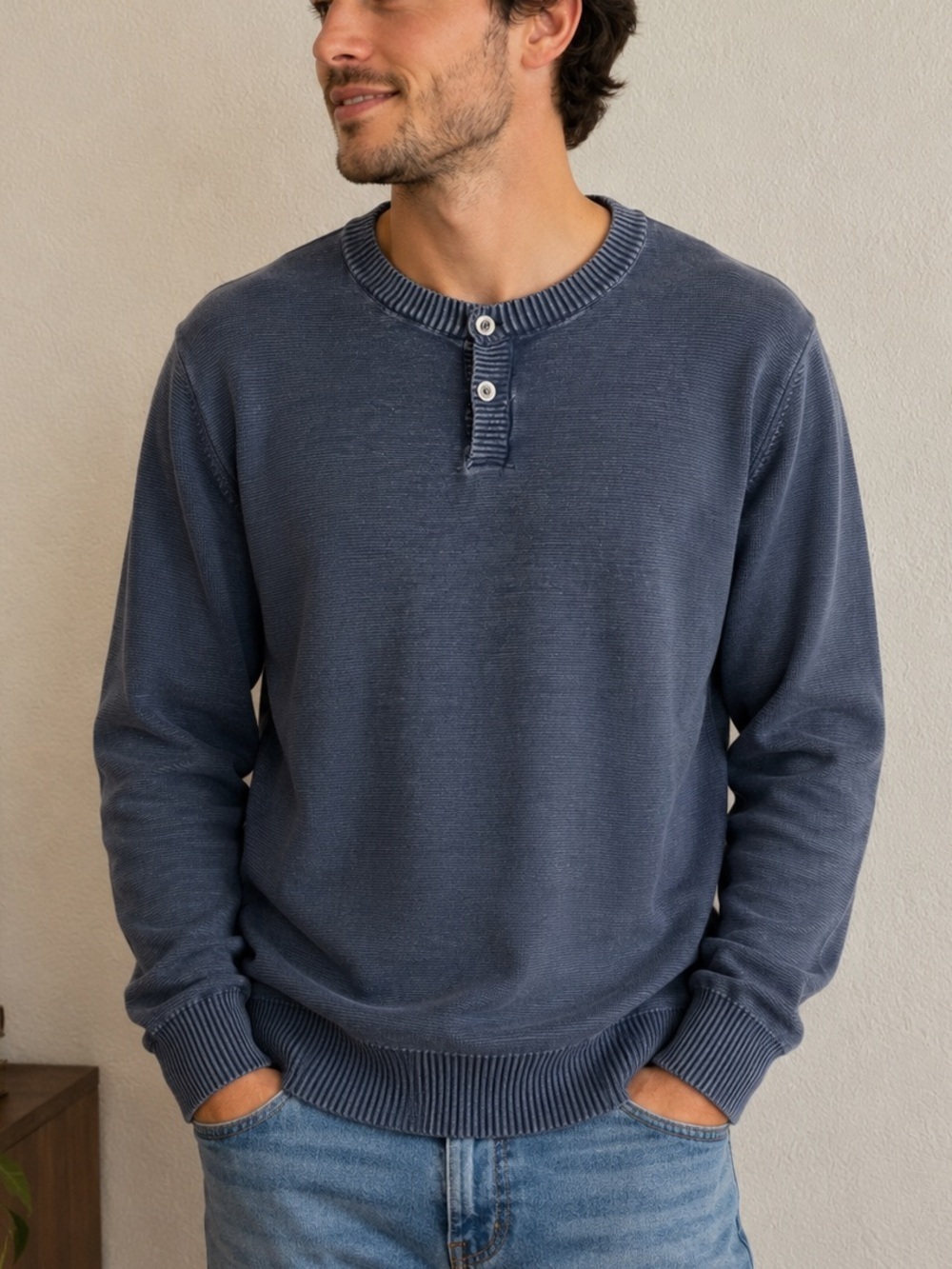 Washed Stoned and Beaten Blue Vintage Wash Long Sleeve Henley Style Shirt Sz XL